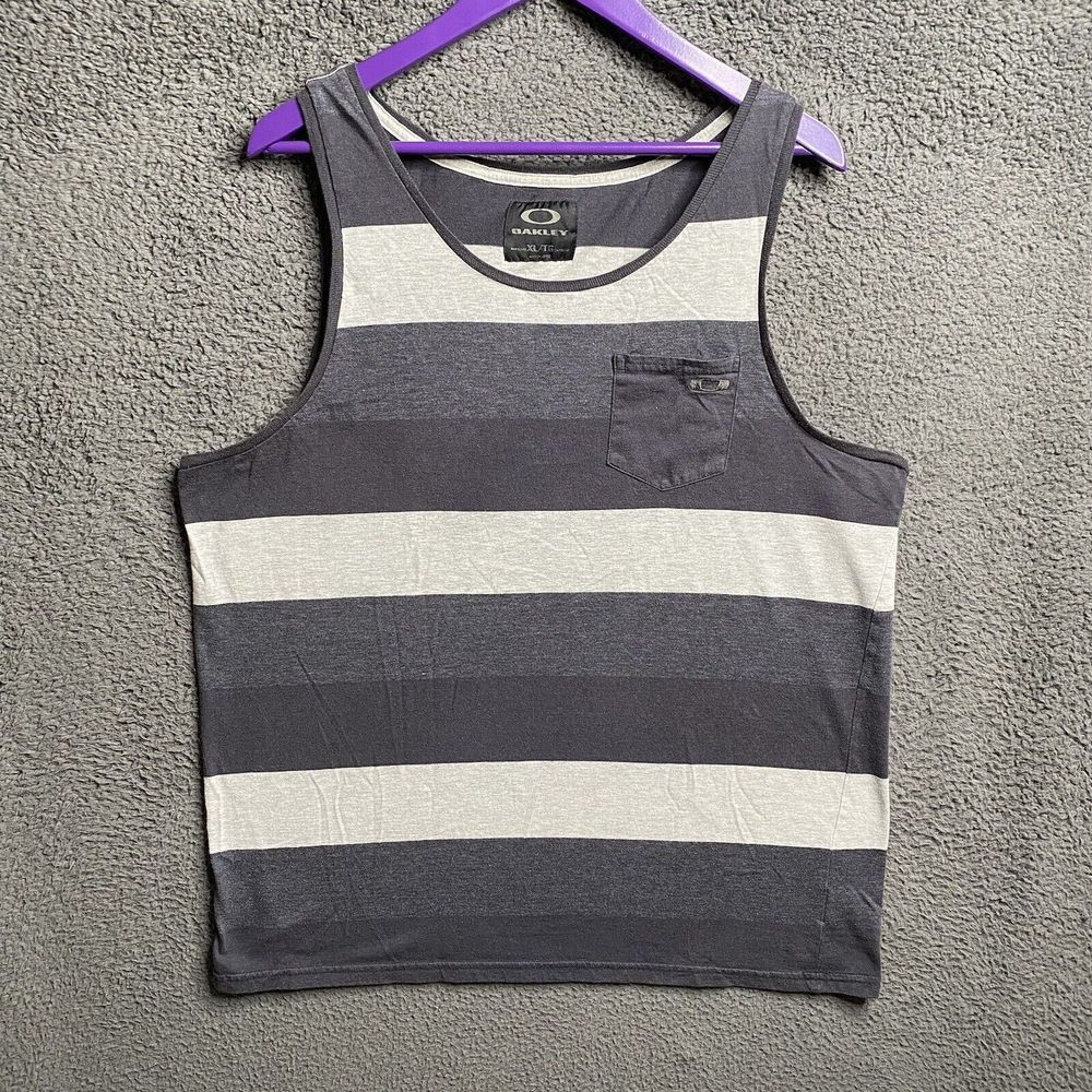 Oakley Tank Shirt Mens XL Gray Sleeveless Athletic Top Striped Embroidered Logo